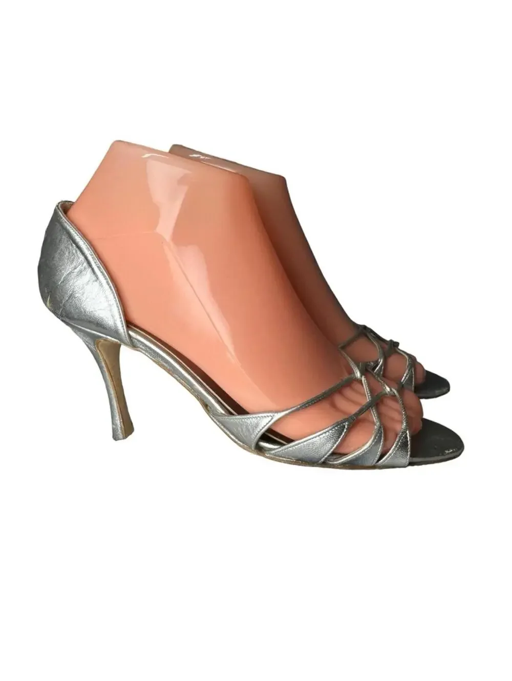 Manolo Blahnik Espinado Metallic Silver Leather D'Orsay Strappy Heels 36.5